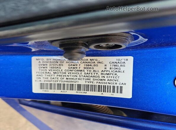 2HGFC2F73JH609521 2018 HONDA CIVIC Blue Вид підкапотного простору