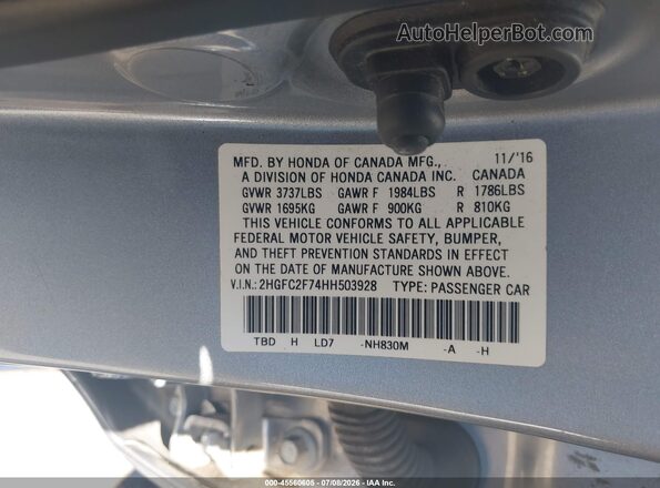 2HGFC2F74HH503928 2017 HONDA CIVIC Silver Engine compartment view