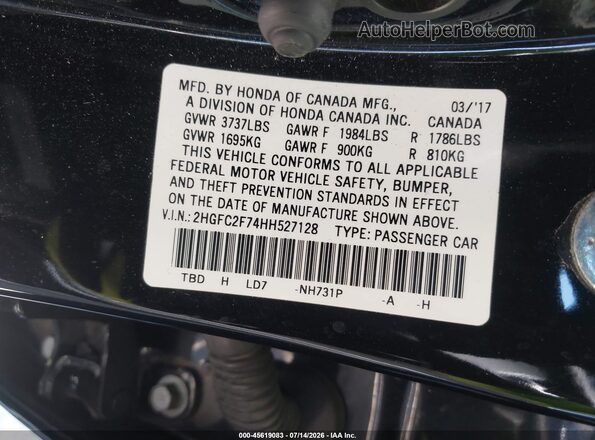 2HGFC2F74HH527128 2017 HONDA CIVIC Black Շարժիչի բաժամունքի տեսք