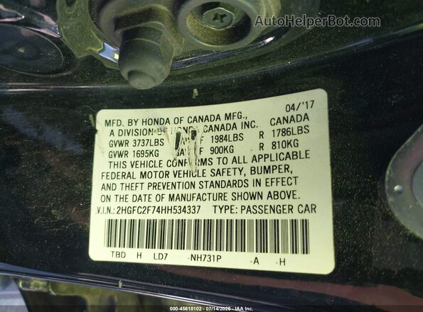 2HGFC2F74HH534337 2017 HONDA CIVIC Black Vista del compartimento del motor
