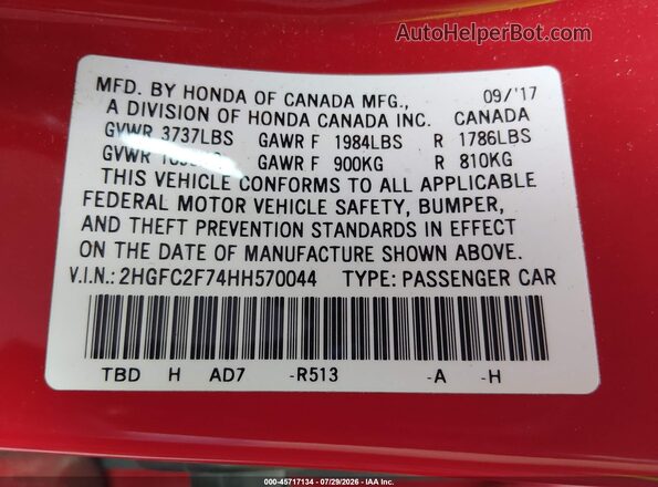 2HGFC2F74HH570044 2017 HONDA CIVIC Red Widok komory silnika