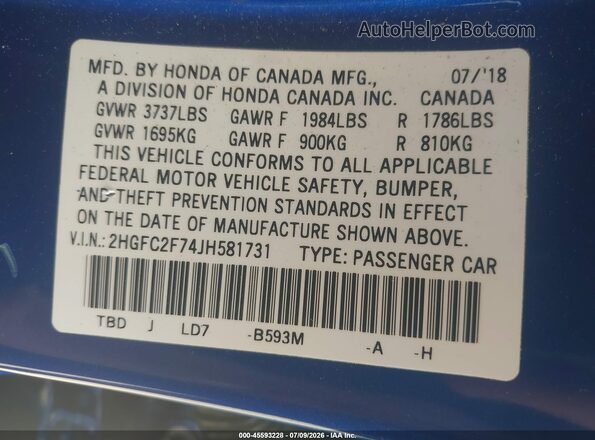 2HGFC2F74JH581731 2018 HONDA CIVIC Blue ძრავის განყოფილების ხედი