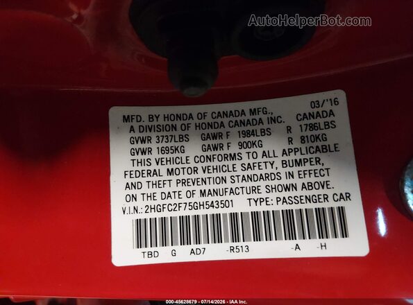2HGFC2F75GH543501 2016 HONDA CIVIC Red Vista del compartimento del motor