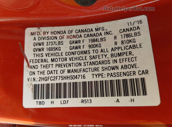 2HGFC2F75HH504716 2017 HONDA CIVIC Red Շարժիչի բաժամունքի տեսք