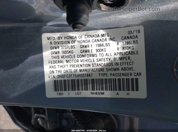 2HGFC2F75JH551847 2018 HONDA CIVIC Silver Engine compartment view