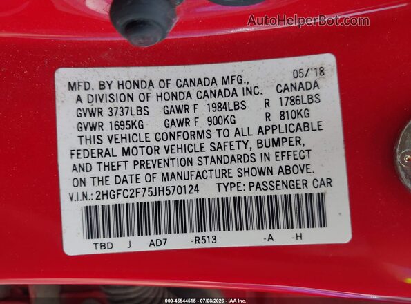 2HGFC2F75JH570124 2018 HONDA CIVIC Red Вид підкапотного простору