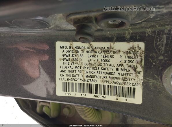 2HGFC2F75JH576859 2018 HONDA CIVIC Gray Вид підкапотного простору