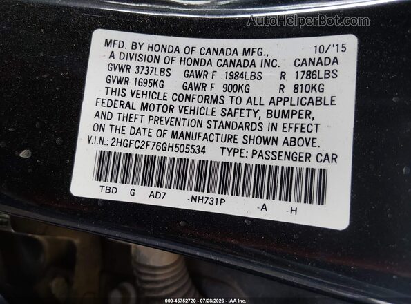 2HGFC2F76GH505534 2016 HONDA CIVIC Black Engine compartment view