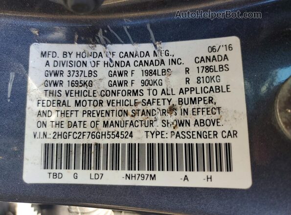 2HGFC2F76GH554524 2016 HONDA CIVIC Gray Vista de la etiqueta del VIN