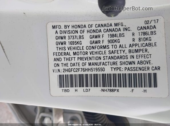 2HGFC2F76HH519550 2017 HONDA CIVIC White Շարժիչի բաժամունքի տեսք