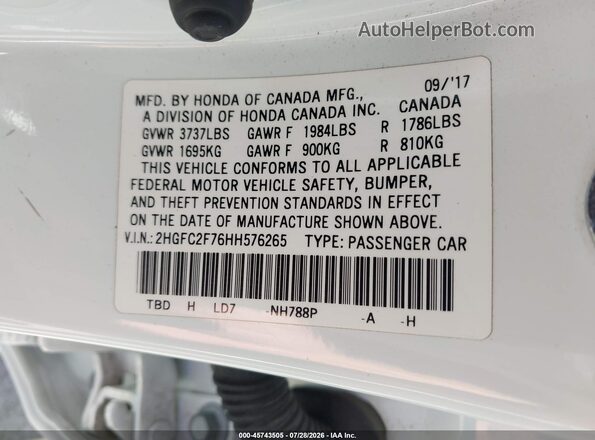 2HGFC2F76HH576265 2017 HONDA CIVIC White Widok komory silnika
