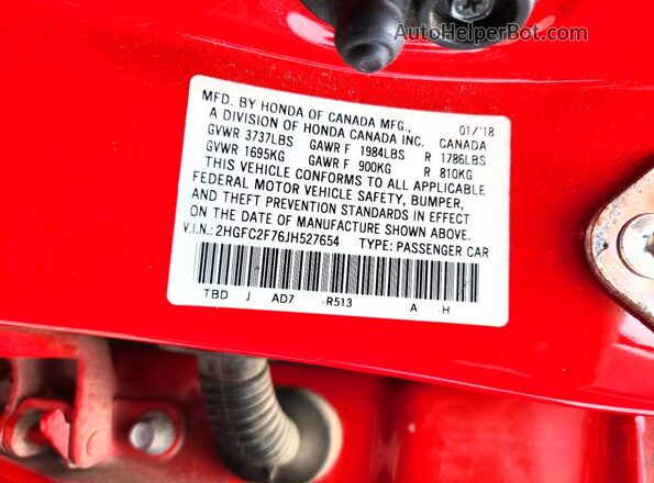 2HGFC2F76JH527654 2018 HONDA CIVIC Red Vista del compartimento del motor