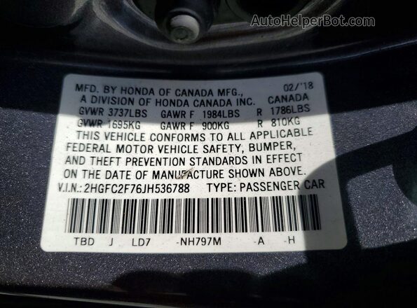 2HGFC2F76JH536788 2018 HONDA CIVIC Charcoal Vista del compartimento del motor