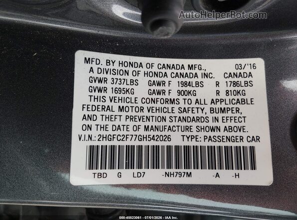 2HGFC2F77GH542026 2016 HONDA CIVIC Gray Vista del compartimento del motor