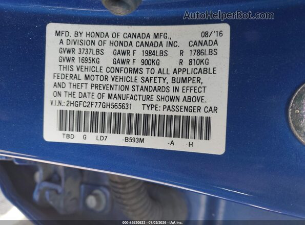 2HGFC2F77GH565631 2016 HONDA CIVIC Blue Widok komory silnika