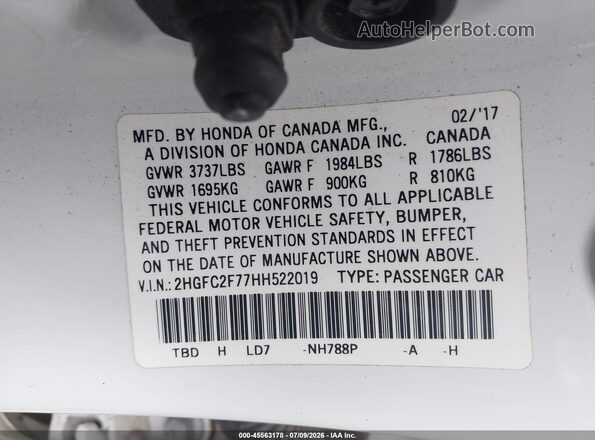 2HGFC2F77HH522019 2017 HONDA CIVIC White Вид підкапотного простору