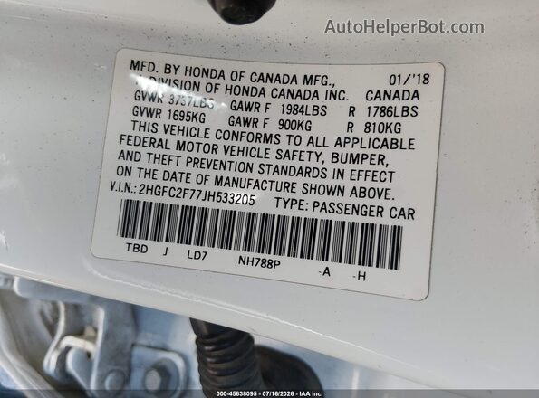 2HGFC2F77JH533205 2018 HONDA CIVIC White Вид підкапотного простору