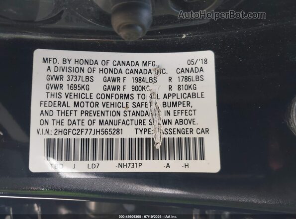 2HGFC2F77JH565281 2018 HONDA CIVIC Black Vista del compartimento del motor