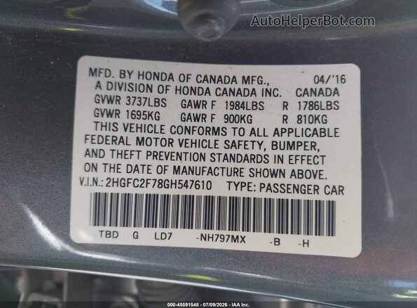 2HGFC2F78GH547610 2016 HONDA CIVIC Gray Engine compartment view