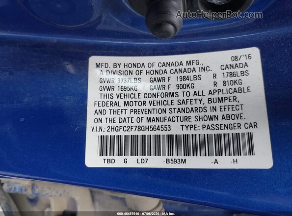 2HGFC2F78GH564553 2016 HONDA CIVIC Blue Շարժիչի բաժամունքի տեսք