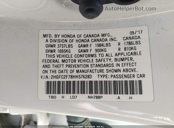 2HGFC2F78HH576283 2017 HONDA CIVIC White Engine compartment view