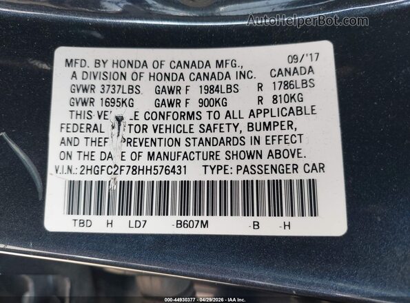 2HGFC2F78HH576431 2017 HONDA CIVIC Navy Widok komory silnika