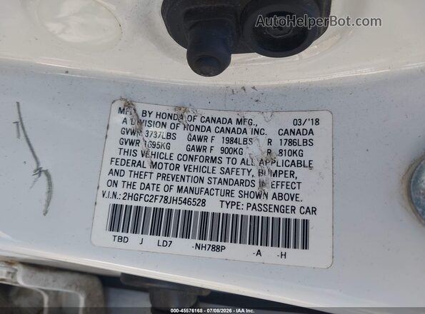 2HGFC2F78JH546528 2018 HONDA CIVIC Белый Вид подкапотного пространства