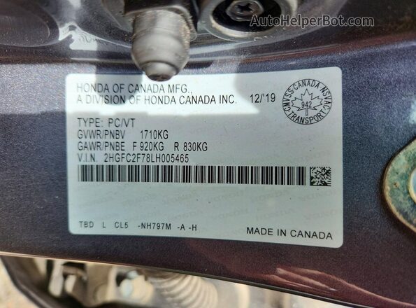 2HGFC2F78LH005465 2020 HONDA CIVIC Серый Вид подкапотного пространства