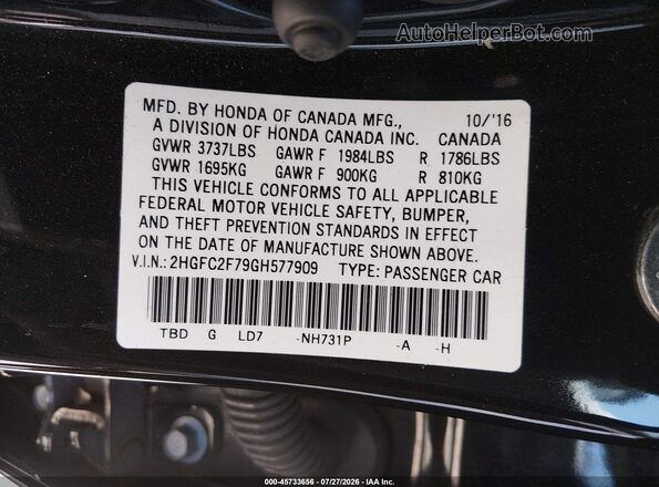 2HGFC2F79GH577909 2016 HONDA CIVIC Black Engine compartment view