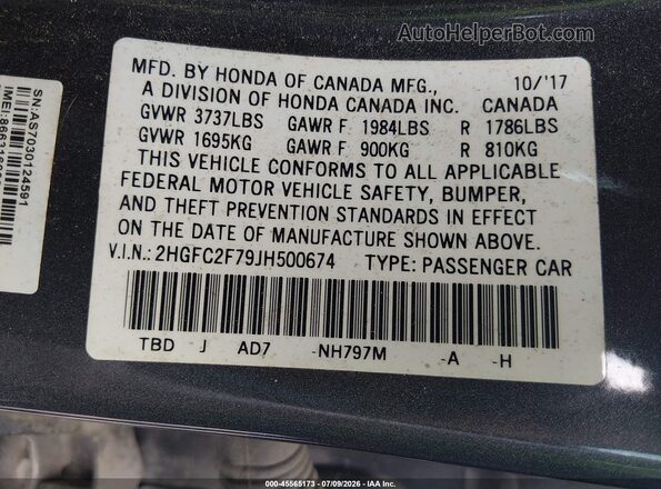 2HGFC2F79JH500674 2018 HONDA CIVIC Gray Engine compartment view