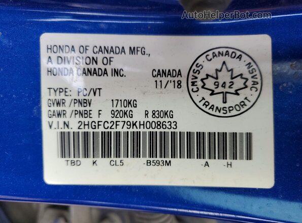 2HGFC2F79KH008633 2019 HONDA CIVIC Синий Вид подкапотного пространства