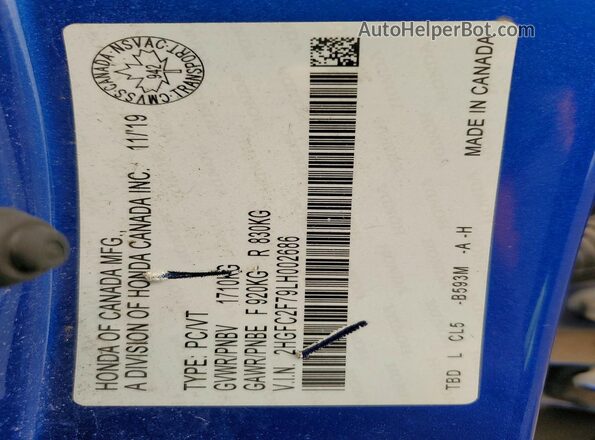 2HGFC2F79LH002686 2020 HONDA CIVIC Blue Вид підкапотного простору