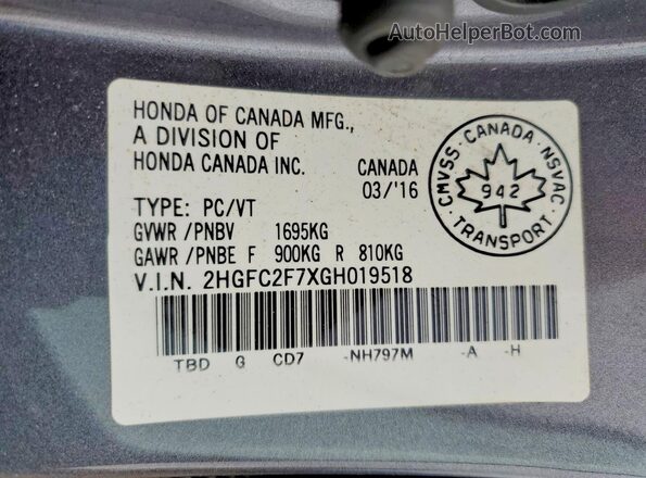 2HGFC2F7XGH019518 2016 HONDA CIVIC Charcoal Widok komory silnika