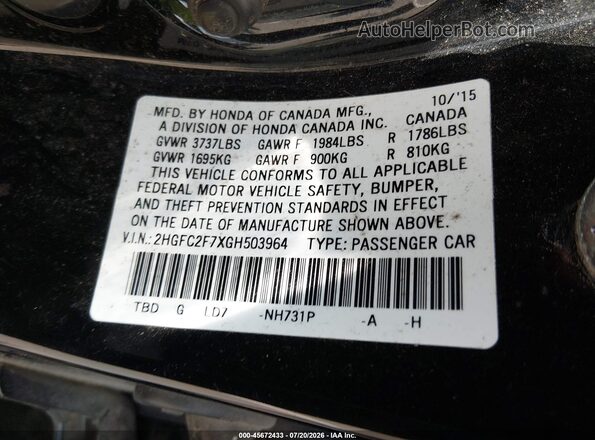 2HGFC2F7XGH503964 2016 HONDA CIVIC Black Engine compartment view
