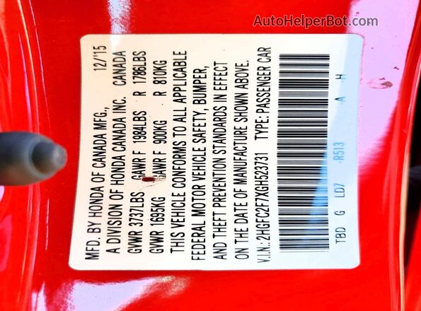 2HGFC2F7XGH523731 2016 HONDA CIVIC Red Շարժիչի բաժամունքի տեսք