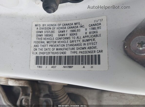 2HGFC2F7XJH512400 2018 HONDA CIVIC White ძრავის განყოფილების ხედი