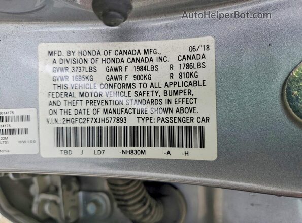 2HGFC2F7XJH577893 2018 HONDA CIVIC Silver VIN sticker view