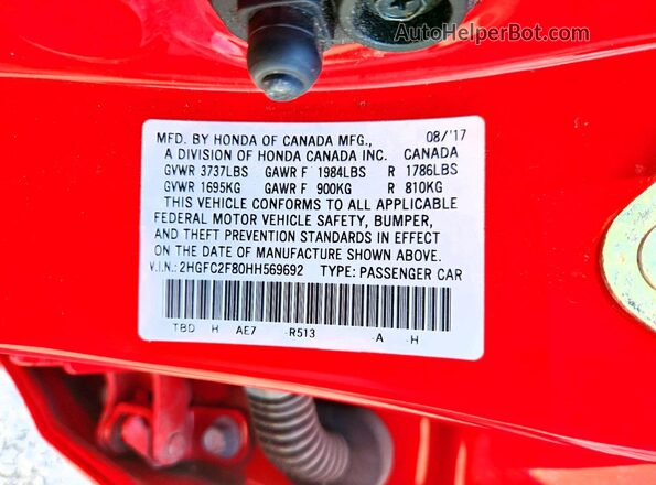 2HGFC2F80HH569692 2017 HONDA CIVIC Red Vista del compartimento del motor