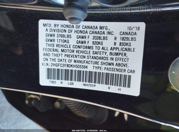 2HGFC2F80KH505594 2019 HONDA CIVIC Black Engine compartment view