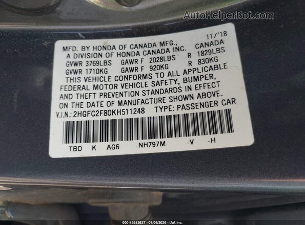 2HGFC2F80KH511248 2019 HONDA CIVIC Gray Widok komory silnika