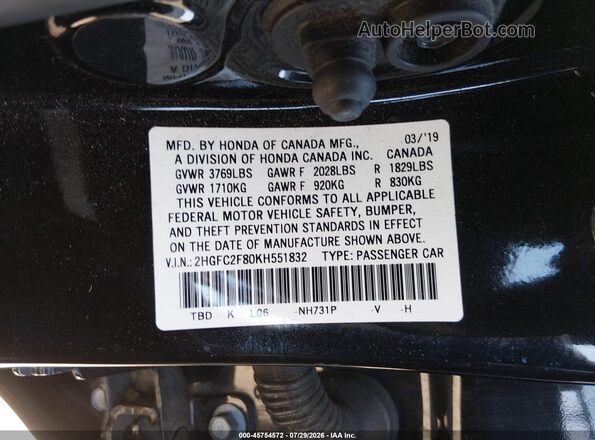 2HGFC2F80KH551832 2019 HONDA CIVIC Black Vista del compartimento del motor