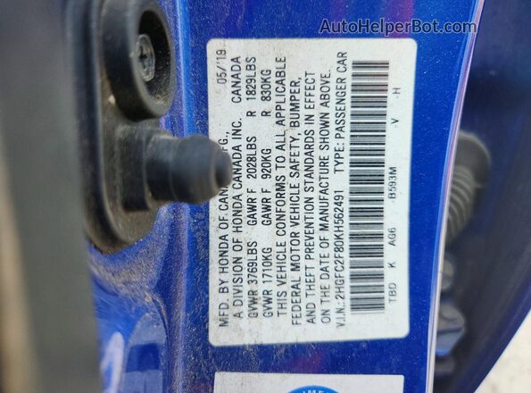 2HGFC2F80KH562491 2019 HONDA CIVIC Blue Вид наклейки з VIN-кодом