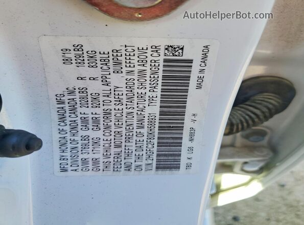 2HGFC2F80KH588931 2019 HONDA CIVIC White Vista del compartimento del motor