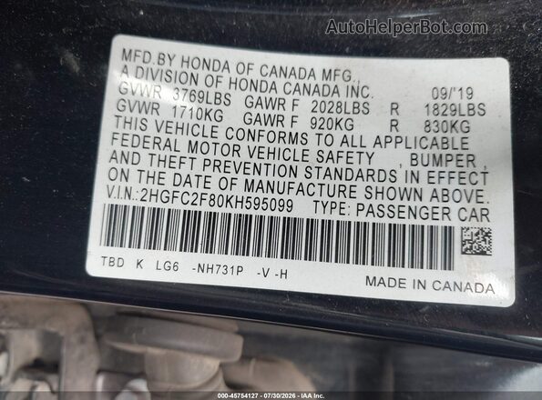 2HGFC2F80KH595099 2019 HONDA CIVIC Black Вид підкапотного простору