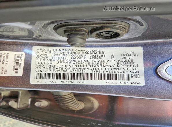 2HGFC2F80LH520534 2020 HONDA CIVIC Gray Շարժիչի բաժամունքի տեսք