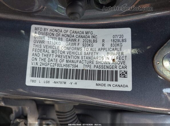 2HGFC2F80LH567594 2020 HONDA CIVIC Gray Widok komory silnika
