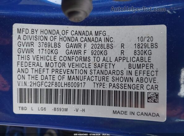 2HGFC2F80LH600917 2020 HONDA CIVIC Blue Engine compartment view