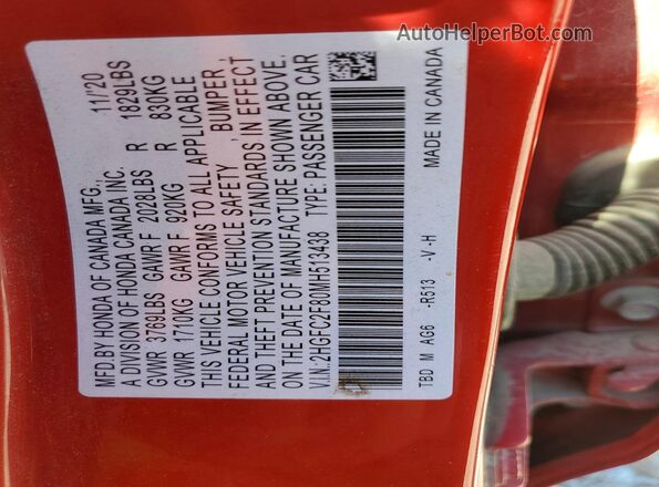 2HGFC2F80MH513438 2021 HONDA CIVIC Red VIN կոդի պիտակի տեսք