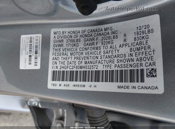 2HGFC2F80MH532572 2021 HONDA CIVIC Silver Շարժիչի բաժամունքի տեսք