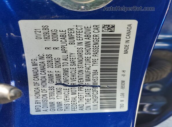 2HGFC2F80MH537884 2021 HONDA CIVIC Blue Vista de la etiqueta del VIN